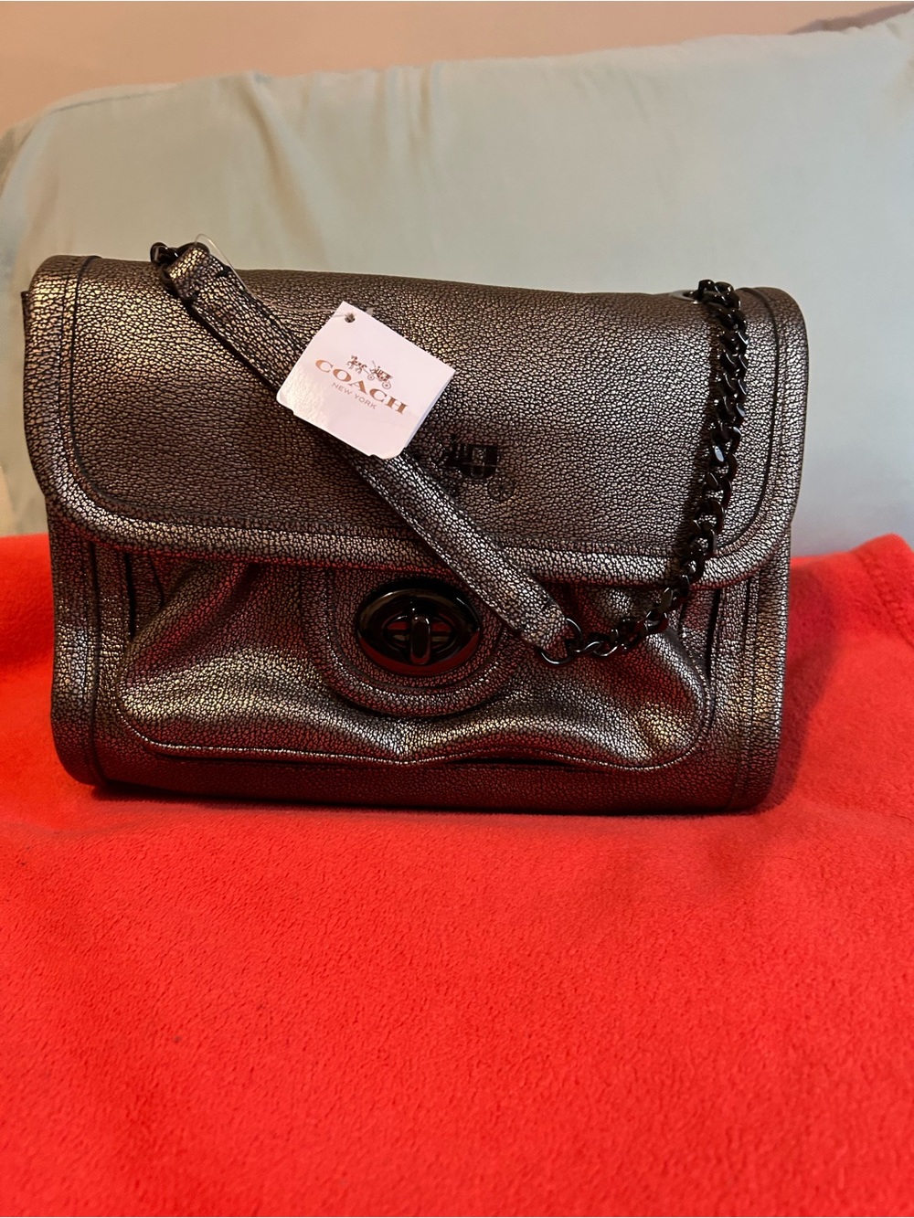 Coach Metallic Gunmetal Turnlock Shoulder Bag